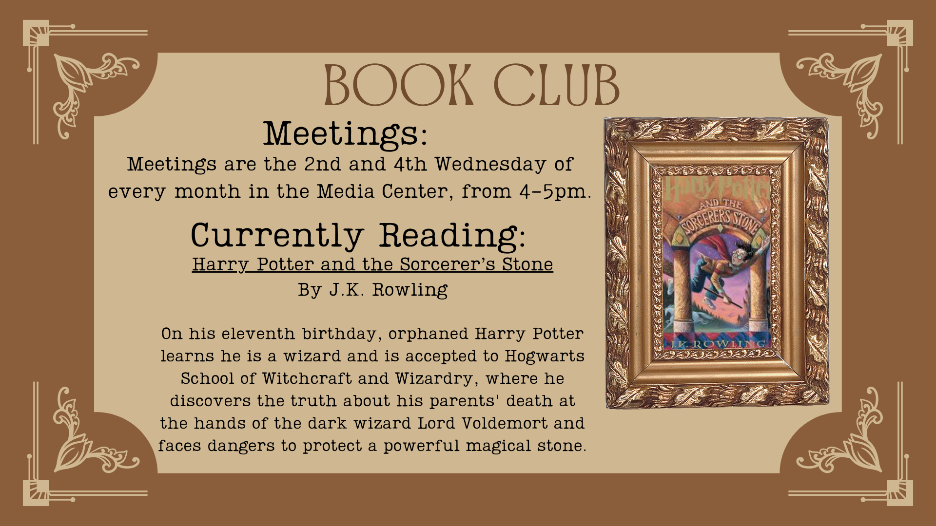 book club meetings info, second and fourth wednesdays of every month
